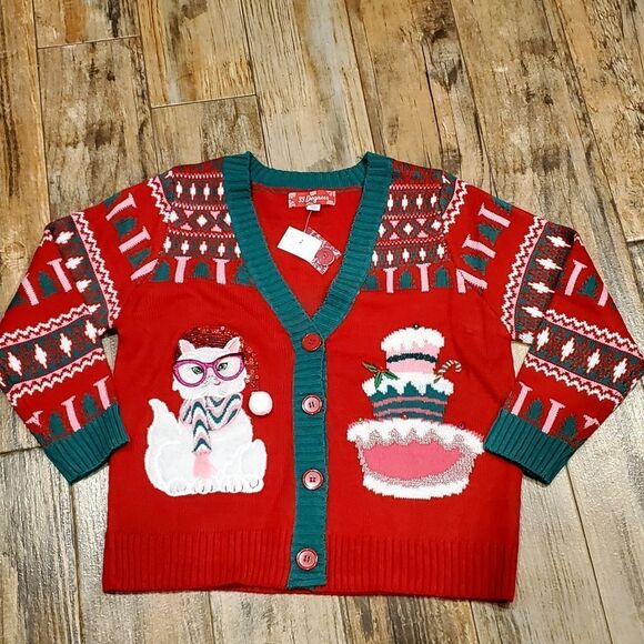 🔸️NWT 33 Degrees Red Kitty Cat Buttoned Vneck Christmas Sweater Medium - Picture 1 of 12